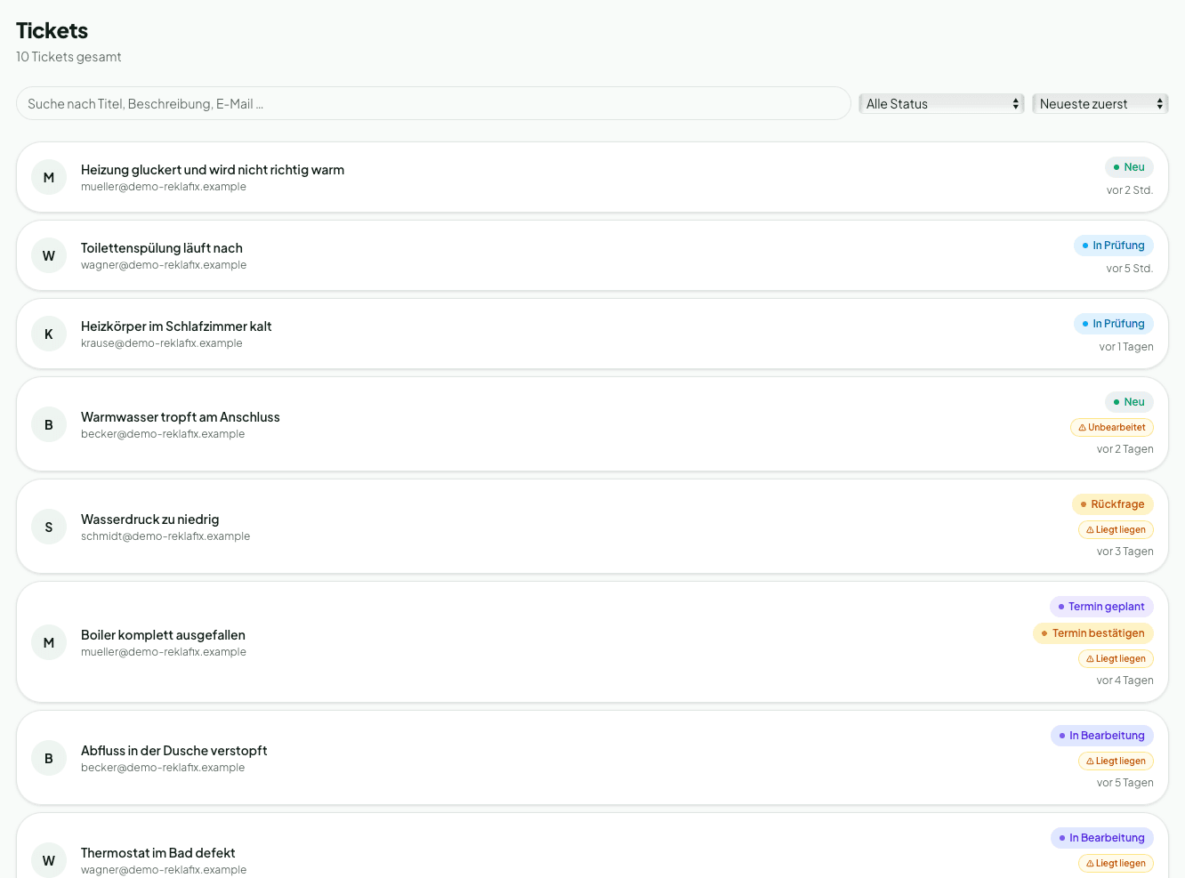 ReklaFix-Ticketliste mit Status-Badges, Eskalations-Hinweisen und Filter